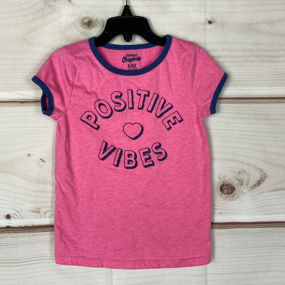 OshKosh Top Girls 6 6X Pink Positive Vibes Graphic Short Sleeve Ringer T-Shirt